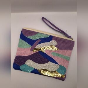 America & Beyond Embellished Colorful Abstract Aztec Boho Top Zip Clutch